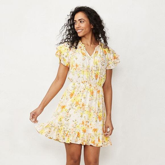 Lauren Conrad Yellow Floral Girly Summer Ruffle-Sleeve Fit & Flare Dress‎ Large - Picture 5 of 9